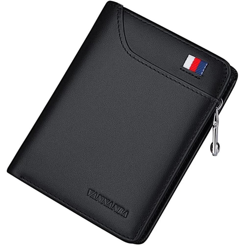Men's Wallets Card Black Genuine Leather Slim Front Zipper Coin Pocket Design